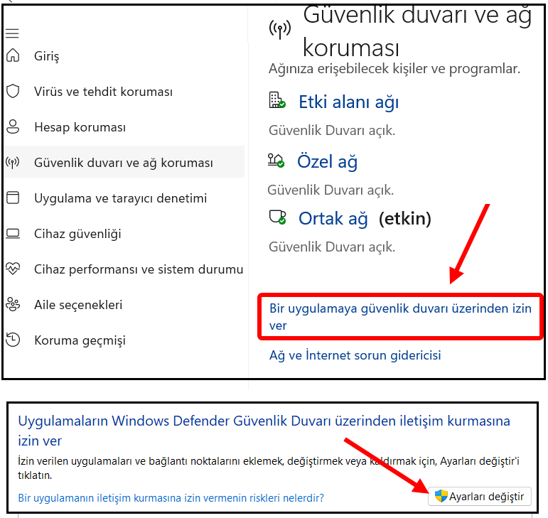 Windows Güvenliği Başka bir uygulamaya izin ver