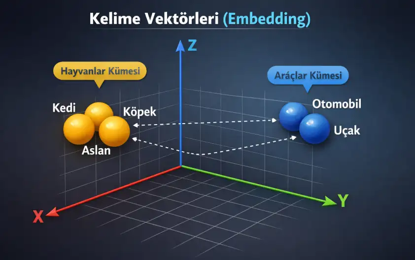 Görselde, NLP alanındaki Kelime Vektörleri (Word Embeddings) kavramı basit bir 3D uzayda somutlaştırılmış.