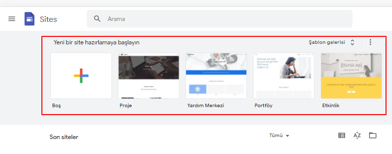Google Sites Şablon Seçimi