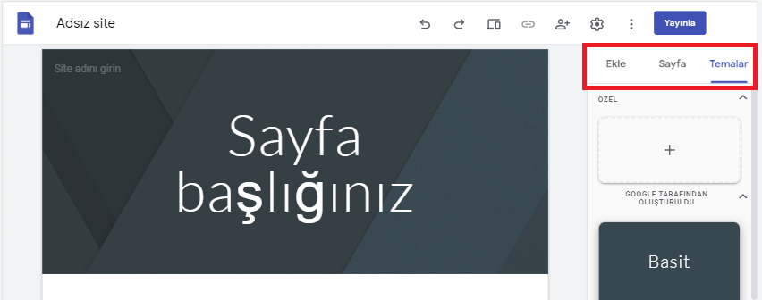 Google Sites Menü Seçenekleri